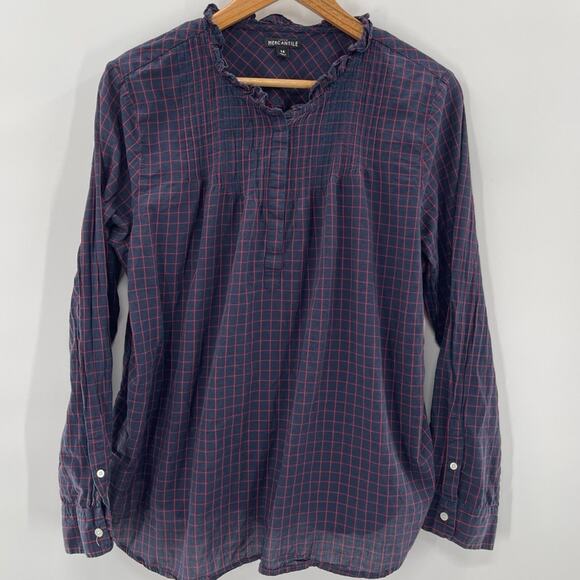 J. Crew Mercantile Pintuck Pleated Ruffle Collar 1/4 Button Cotton Shirt Size 14 - Picture 2 of 8